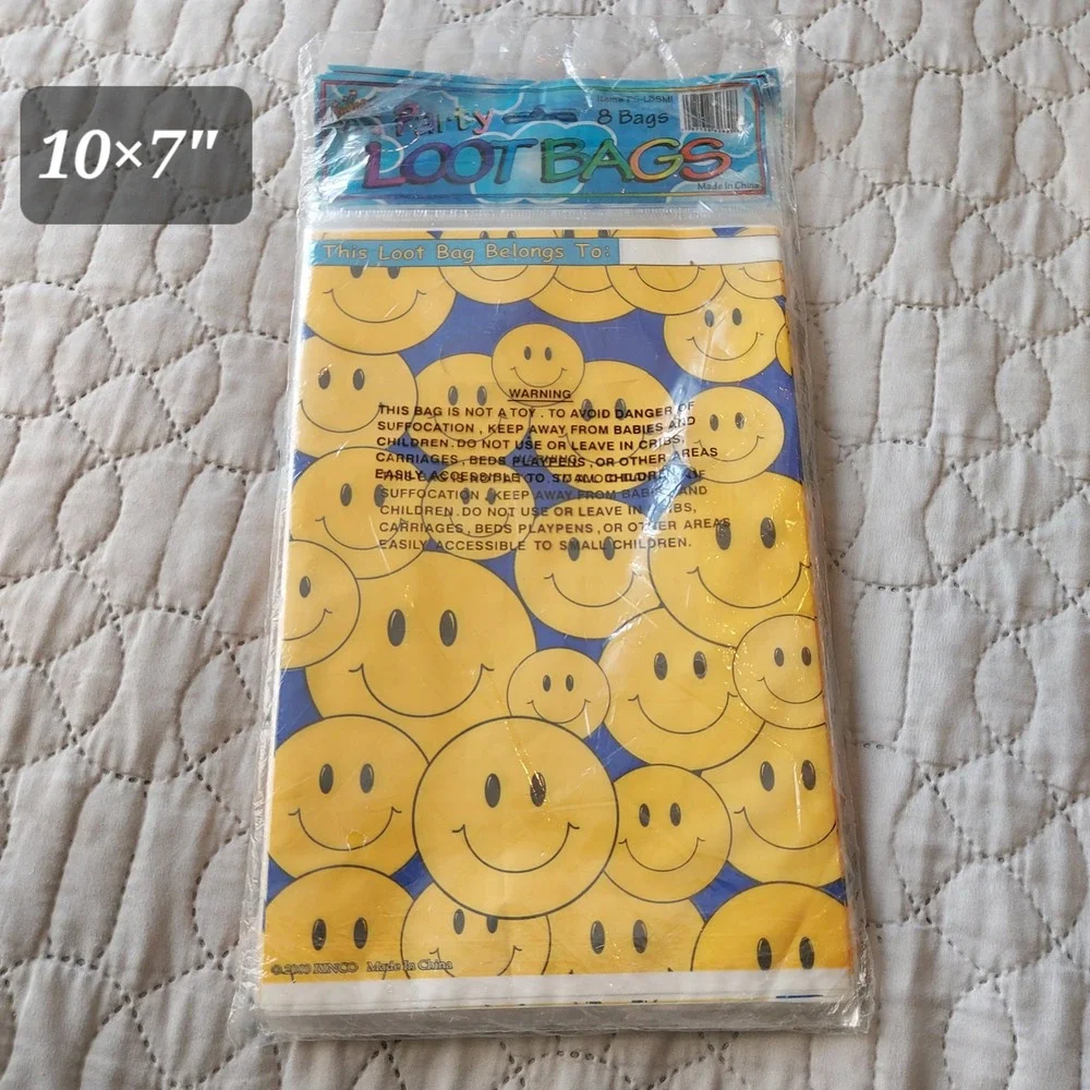 Vintage 2000 Rinco Smiley Face Party Loot Bags 8ct Y2K Retro Yellow Blue PSLBSMI